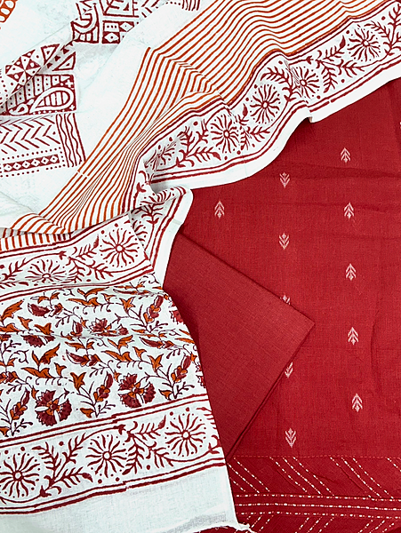 Handloom Cotton Dobby Booty 3 Pc Suit Set (Brick Red)