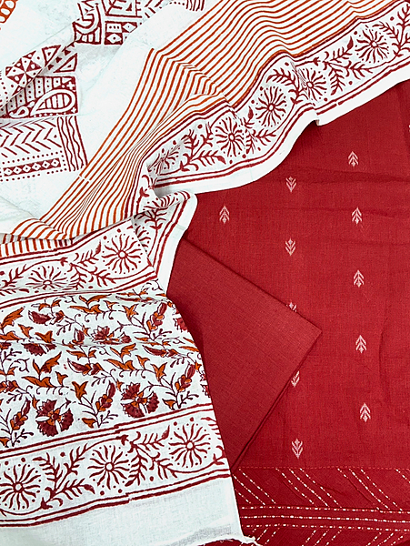 Handloom Cotton Dobby Booty 3 Pc Suit Set (Brick Red)