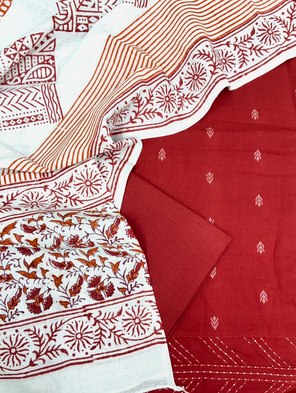 Handloom Cotton Dobby Booty 3 Pc Suit Set (Brick Red)