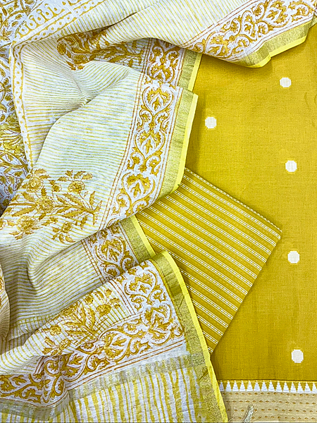 Handloom Cotton Chanderi Dupatta 3 Pc Suit Set (Yellow)