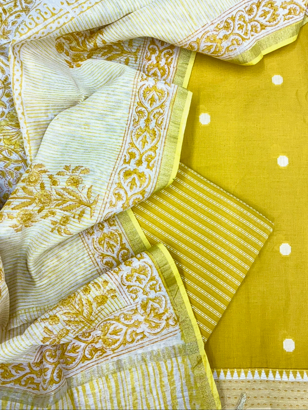 Handloom Cotton Chanderi Dupatta 3 Pc Suit Set (Yellow)