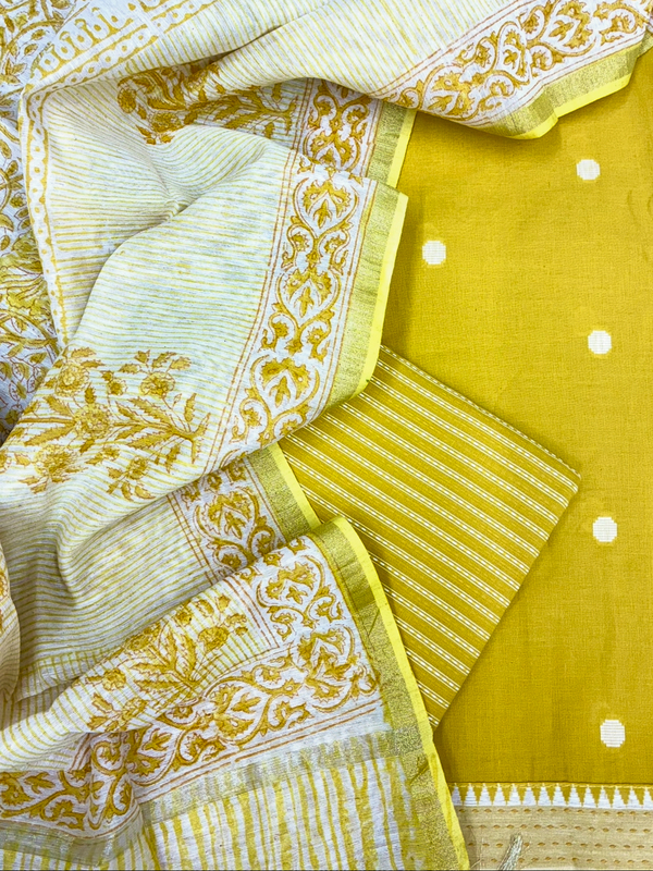 Handloom Cotton Chanderi Dupatta 3 Pc Suit Set (Yellow)