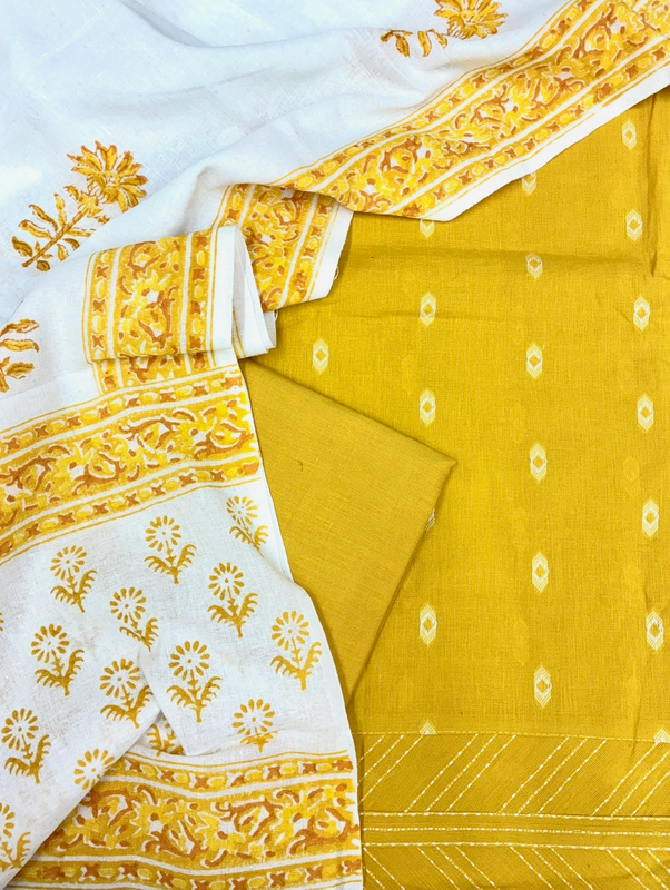 Handloom Cotton Dobby Booty 3 Pc Suit Set (Yellow)