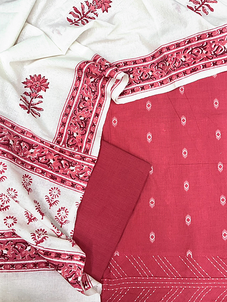 Handloom Cotton Dobby Booty 3 Pc Suit Set (Pink)