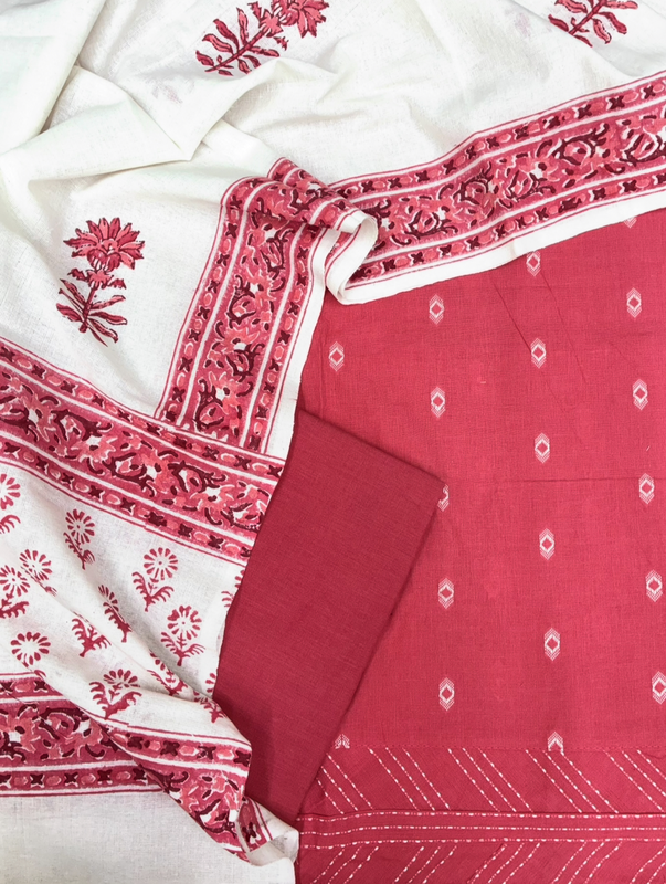 Handloom Cotton Dobby Booty 3 Pc Suit Set (Pink)