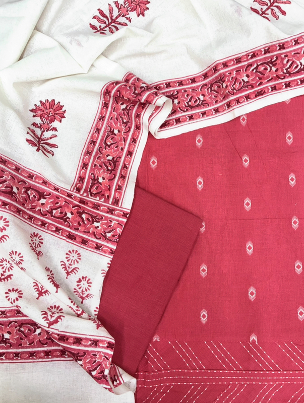Handloom Cotton Dobby Booty 3 Pc Suit Set (Pink)