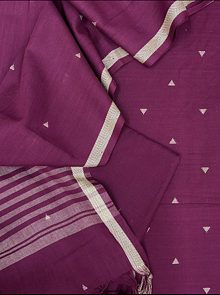 Handloom Cotton Dobby Booty 3 Pc Suit Set (Phalsa)