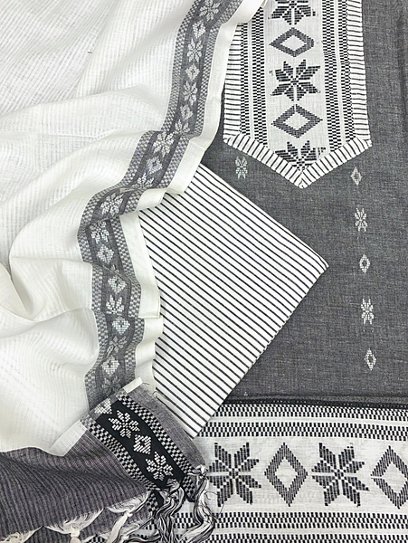 Handloom Cotton Dobby Booty 3 Pc Suit Set (Grey)
