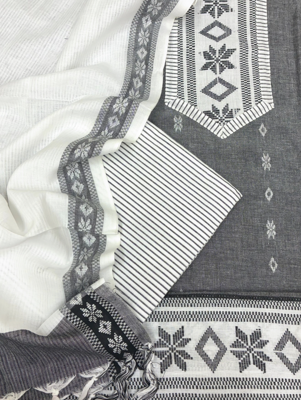 Handloom Cotton Dobby Booty 3 Pc Suit Set (Grey)