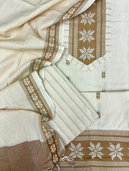 Handloom Cotton Dobby Booty 3 Pc Suit Set (Off White)
