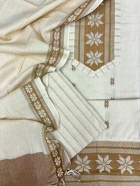 Handloom Cotton Dobby Booty 3 Pc Suit Set (Off White)
