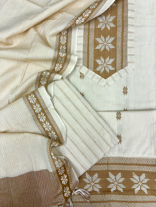 Handloom Cotton Dobby Booty 3 Pc Suit Set (Off White)