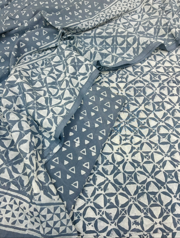 Cotton Akola Dabu Print Suit Set Grey Abstract