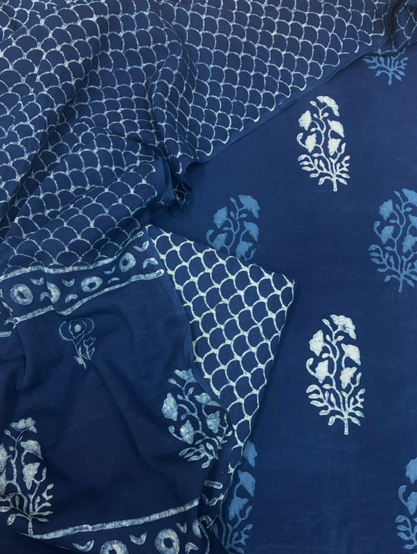 Cotton Akola Dabu Print Suit Set Indigo Jaal