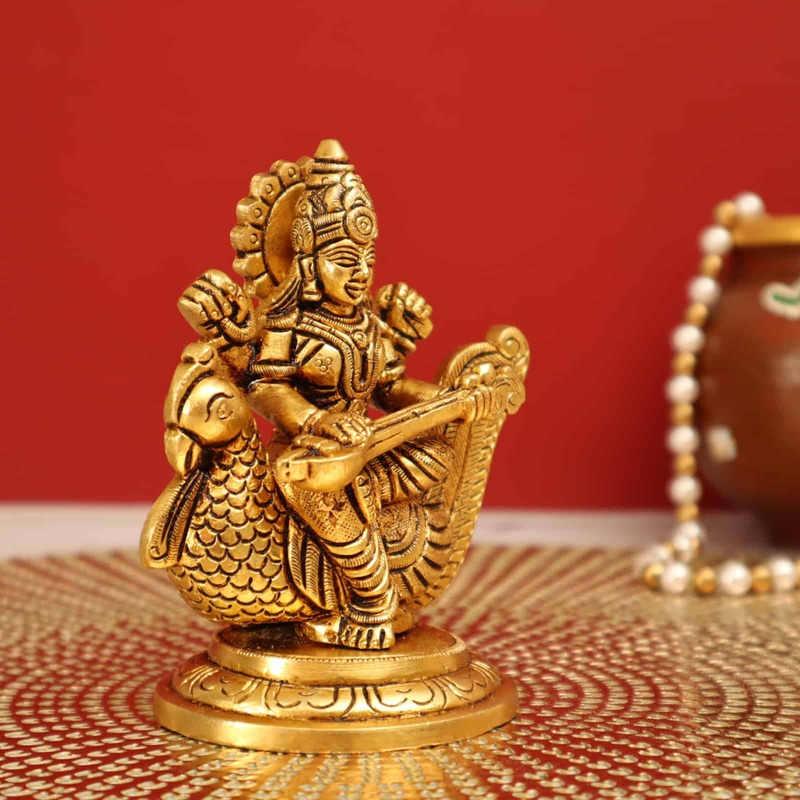 Brass Beautiful Saraswati Devi Idol - 4.5 Inch Height | Divine Home Decor