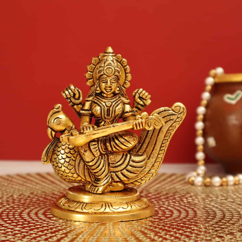 Brass Beautiful Saraswati Devi Idol - 4.5 Inch Height | Divine Home Decor