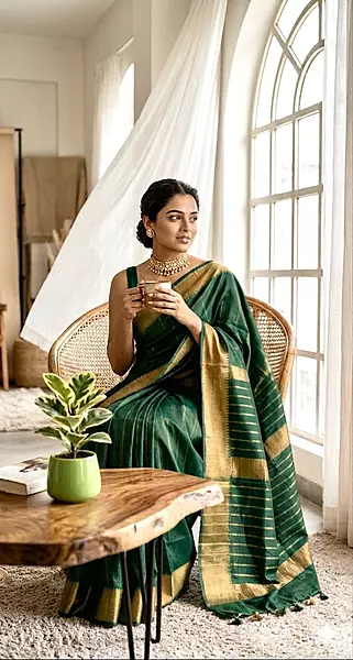 Bhagalpuri Silk Plain Saree with Zari Border (Green)