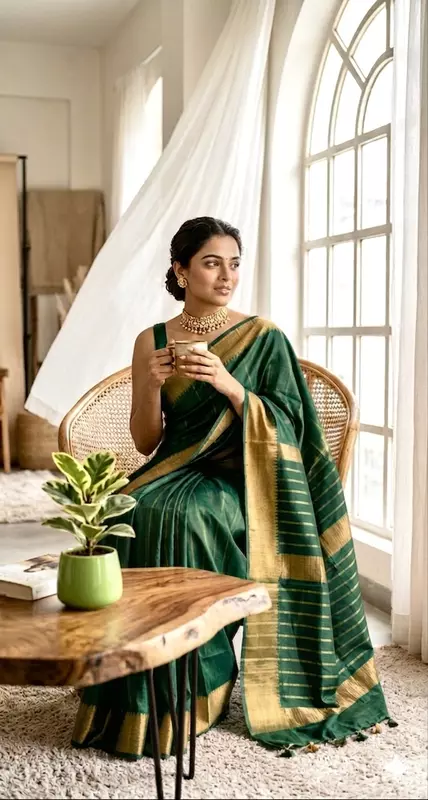 Bhagalpuri Silk Plain Saree with Zari Border (Green)