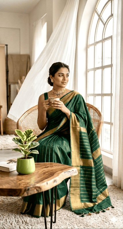 Bhagalpuri Silk Plain Saree with Zari Border (Green)