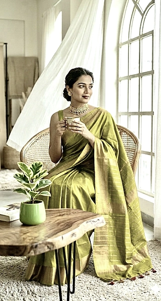 Bhagalpuri Silk Plain Saree with Zari Border (Olive)