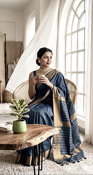 Bhagalpuri Silk Plain Saree with Zari Border (Blue Grey)