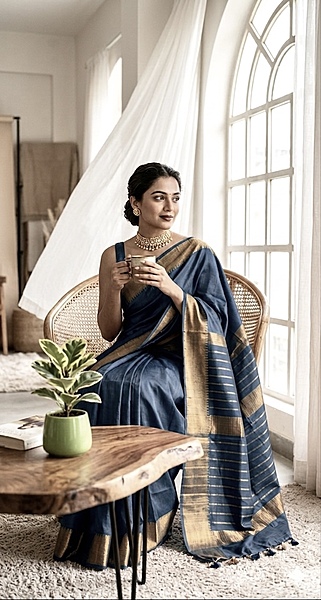 Bhagalpuri Silk Plain Saree with Zari Border (Blue Grey)