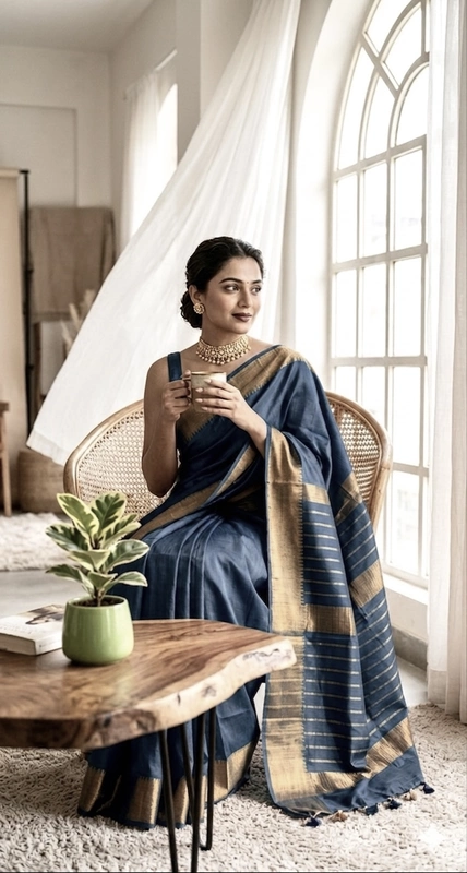 Bhagalpuri Silk Plain Saree with Zari Border (Blue Grey)