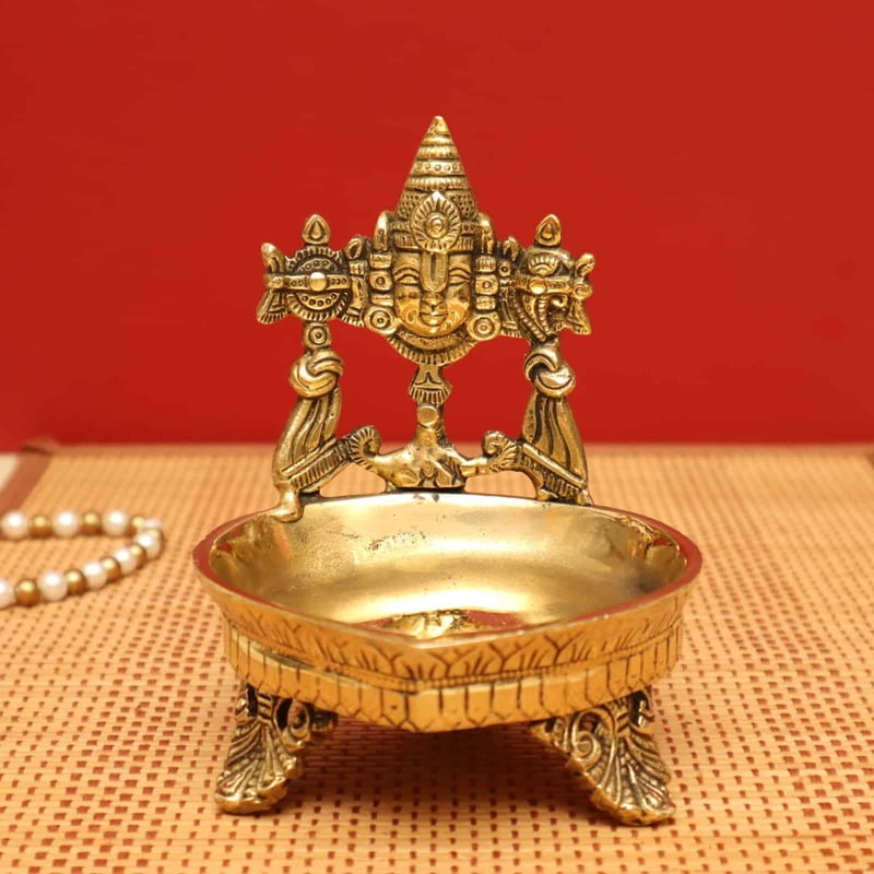 Brass Divine Tirupati Balaji Shankh Chakra Diya/Deepam - 5.5 Inch Height | Sacred Illumination for Spiritual Worship