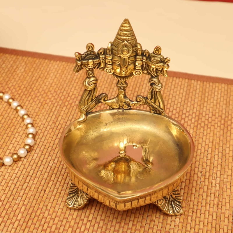 Brass Divine Tirupati Balaji Shankh Chakra Diya/Deepam - 5.5 Inch Height | Sacred Illumination for Spiritual Worship