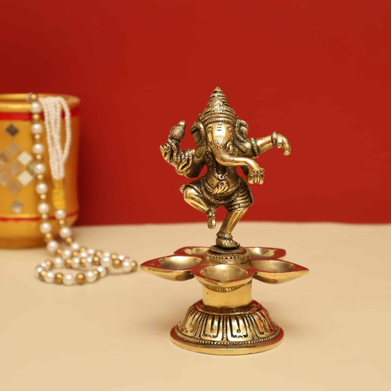 Brass Super Fine Dancing Ganesha Five Oil Wick Diya - 5.5 inch Height