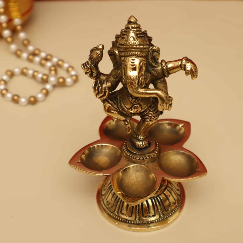 Brass Super Fine Dancing Ganesha Five Oil Wick Diya - 5.5 inch Height