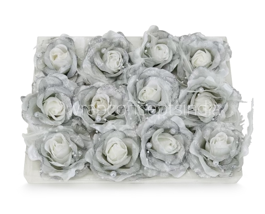 White Silver Rose With Feather & Pearl String