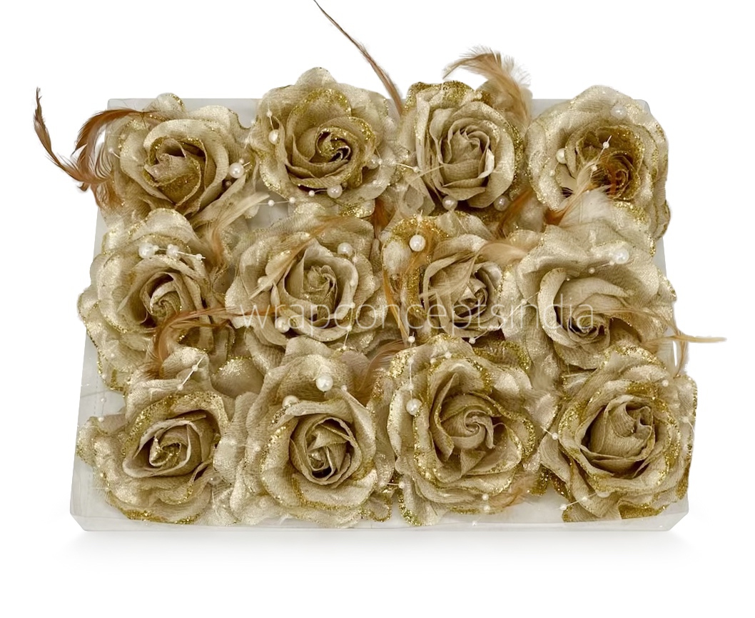 Gold Rose With Feather & Pearl String