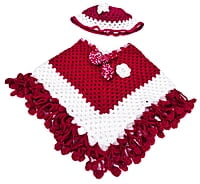 Handknitted Woolen Poncho with Cap for kids (1 - 2 Years) || Red and White || Sweater