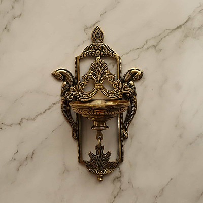 Brass Decorative Peacock Wall Hanging Diya - 9 inch Height