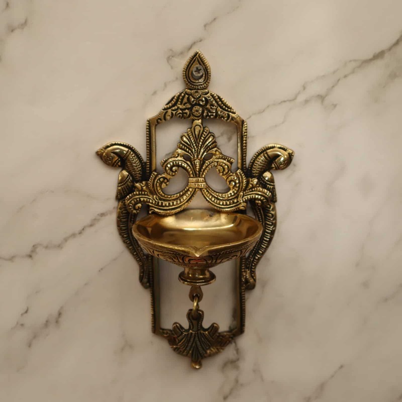 Brass Decorative Peacock Wall Hanging Diya - 9 inch Height