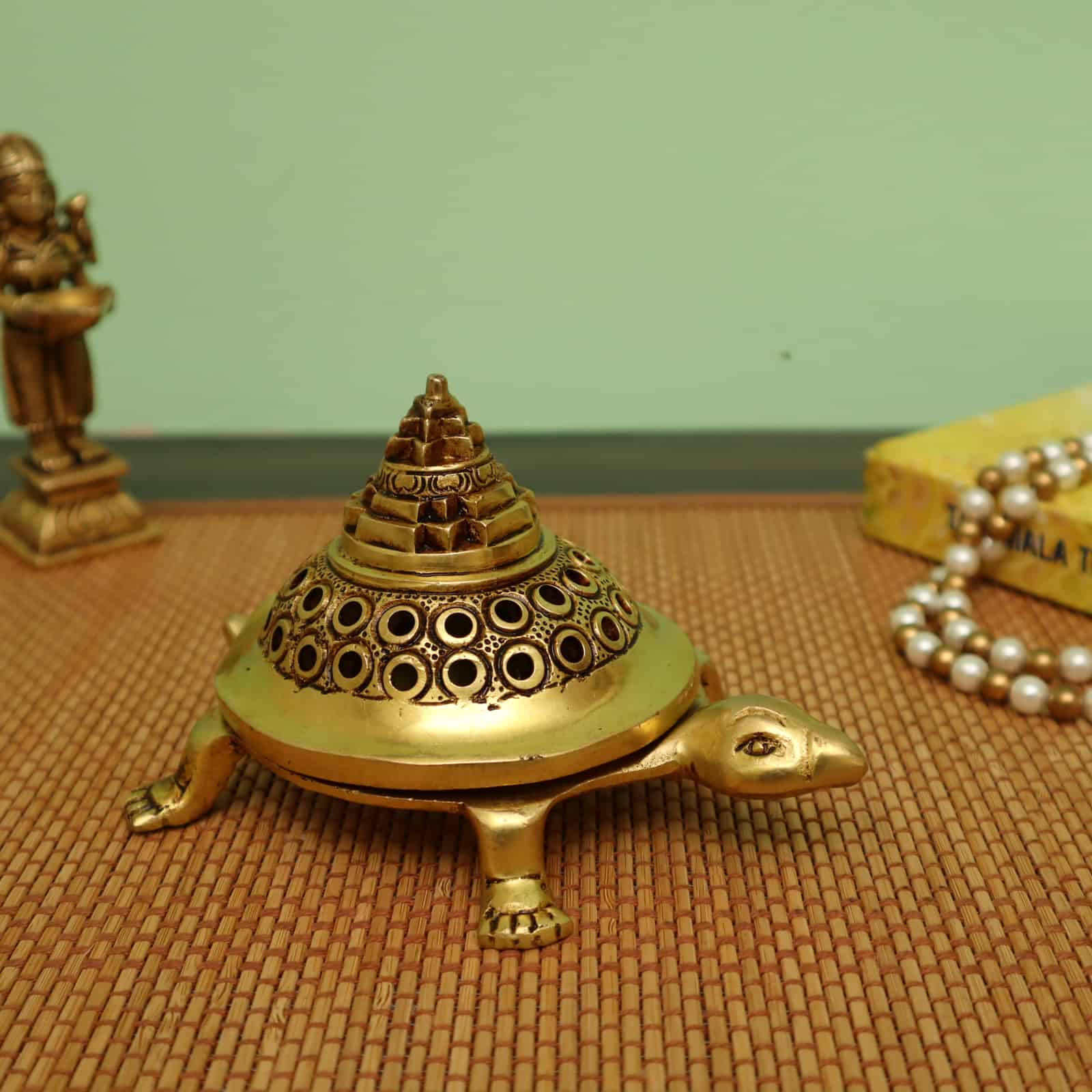 Brass Shree Yantra Tortoise Dhoop Dani - 5.7 Inch Length | For Vastu and Positive Energy