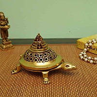 Brass Shree Yantra Tortoise Dhoop Dani - 5.7 Inch Length | For Vastu and Positive Energy