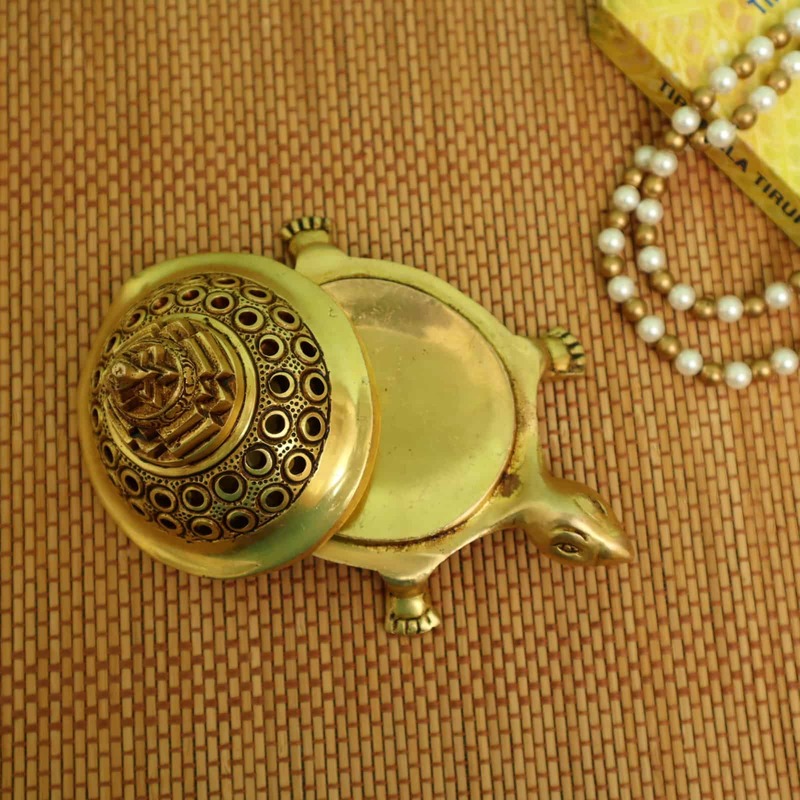 Brass Shree Yantra Tortoise Dhoop Dani - 5.7 Inch Length | For Vastu and Positive Energy