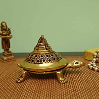 Brass Shree Yantra Tortoise Dhoop Dani - 5.7 Inch Length | For Vastu and Positive Energy