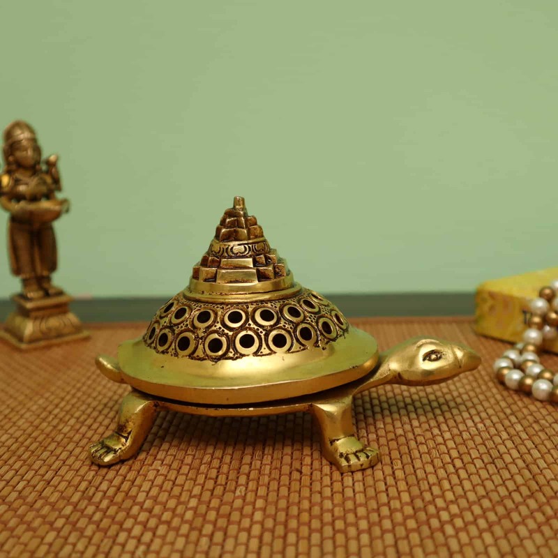 Brass Shree Yantra Tortoise Dhoop Dani - 5.7 Inch Length | For Vastu and Positive Energy