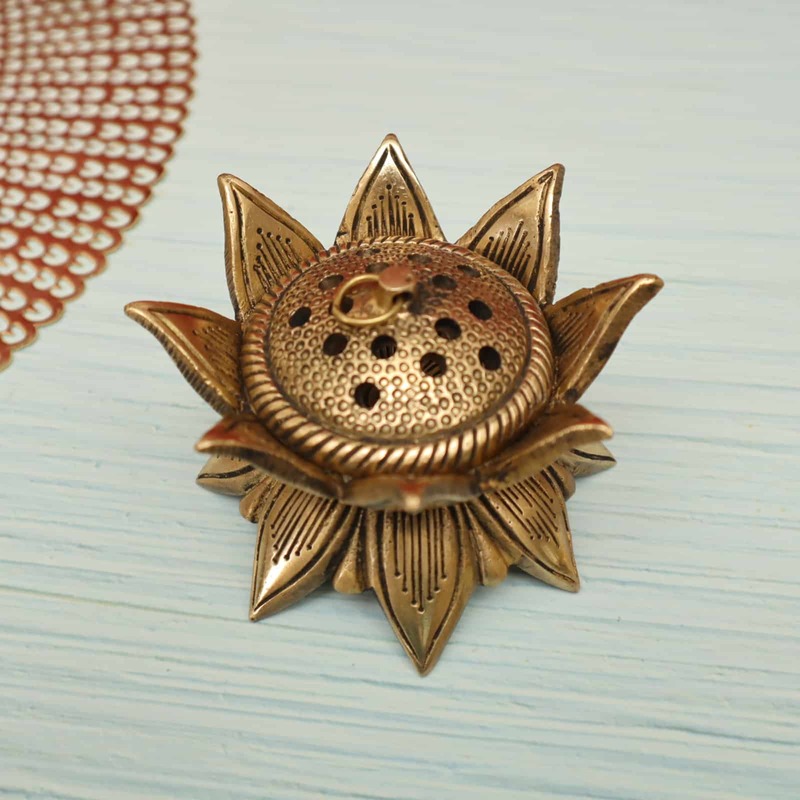 Brass Handmade Lotus Design Lobaan Lamp / Dhoop Dani / Incense Charcoal Burner - 4 inch Lengh