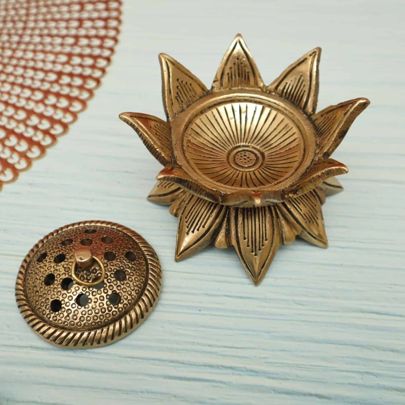Brass Handmade Lotus Design Lobaan Lamp / Dhoop Dani / Incense Charcoal Burner - 4 inch Lengh
