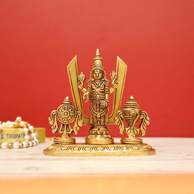 Brass Sacred Tirupati Balaji Idol - 5 inch Height | Shank Chakra Namah Worship Figurine
