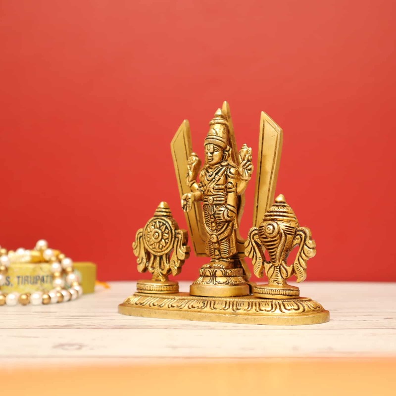 Brass Sacred Tirupati Balaji Idol - 5 inch Height | Shank Chakra Namah Worship Figurine