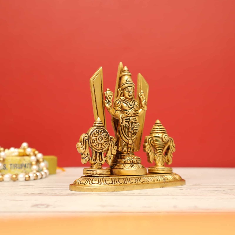 Brass Sacred Tirupati Balaji Idol - 5 inch Height | Shank Chakra Namah Worship Figurine