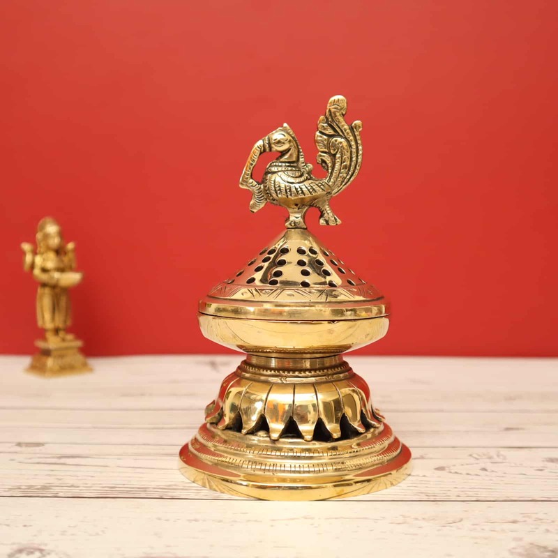 Brass Peacock Design Lobaan Lamp / Dhoop Dani / Incense Burner - 6.5 inch Lengh | Sacred Fragrance