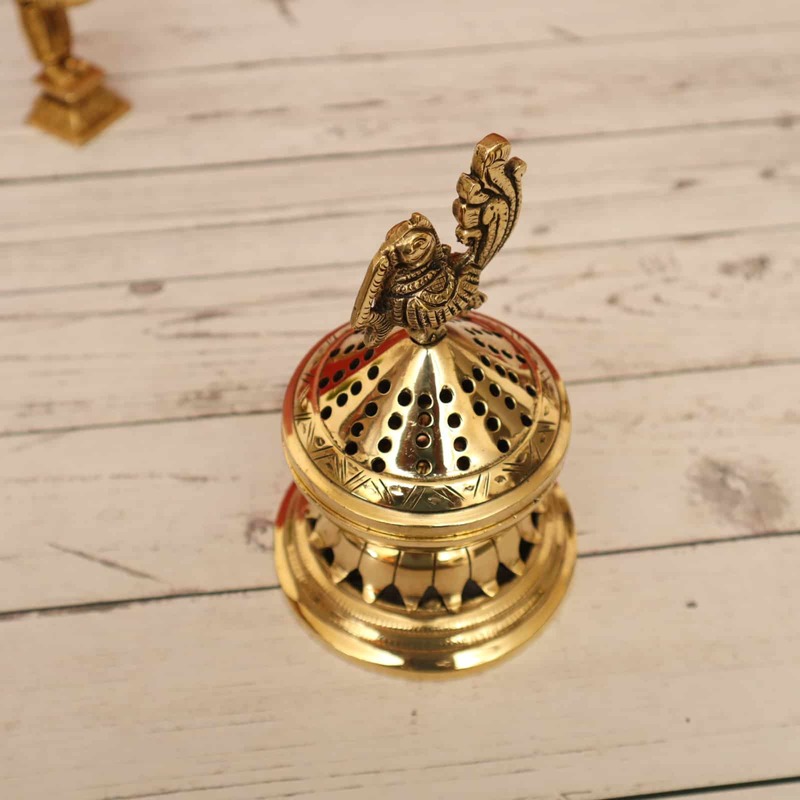 Brass Peacock Design Lobaan Lamp / Dhoop Dani / Incense Burner - 6.5 inch Lengh | Sacred Fragrance