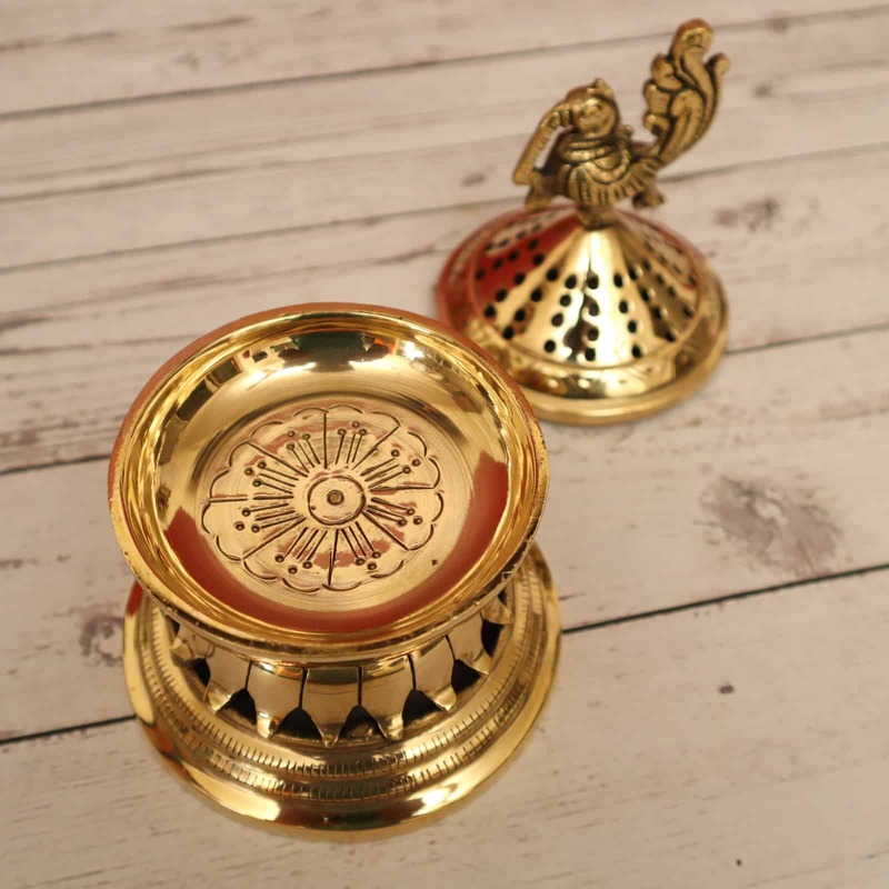 Brass Peacock Design Lobaan Lamp / Dhoop Dani / Incense Burner - 6.5 inch Lengh | Sacred Fragrance