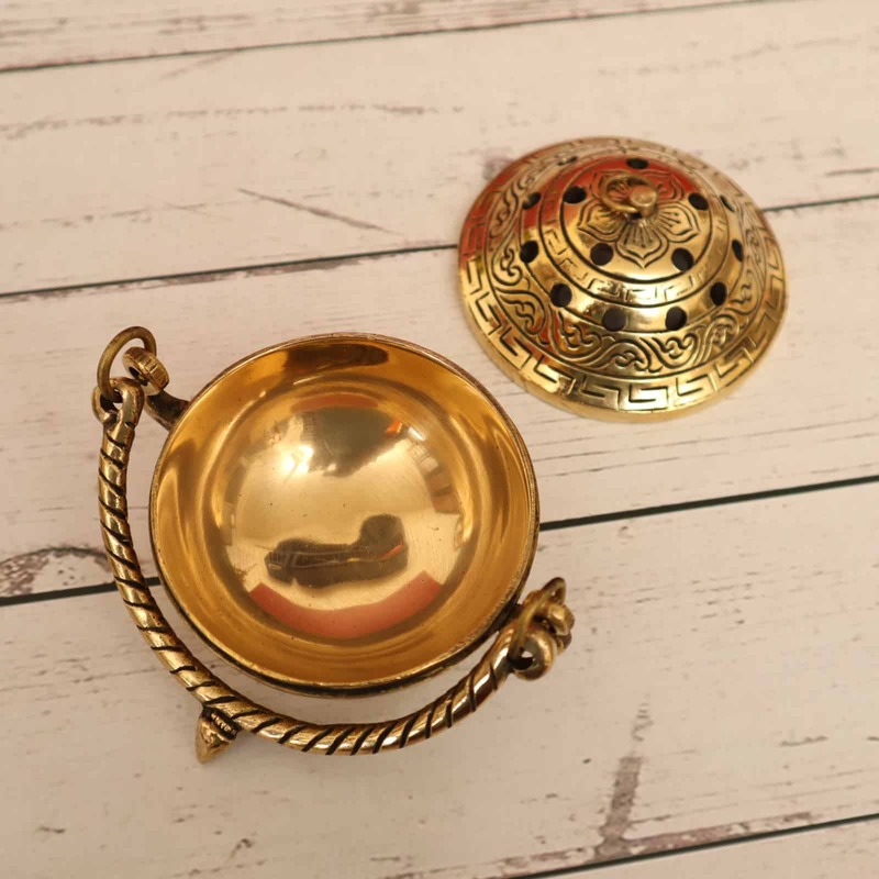Brass Dhoop Dani with Handle and Lid - Versatile Incense Burner and Looban Lamp